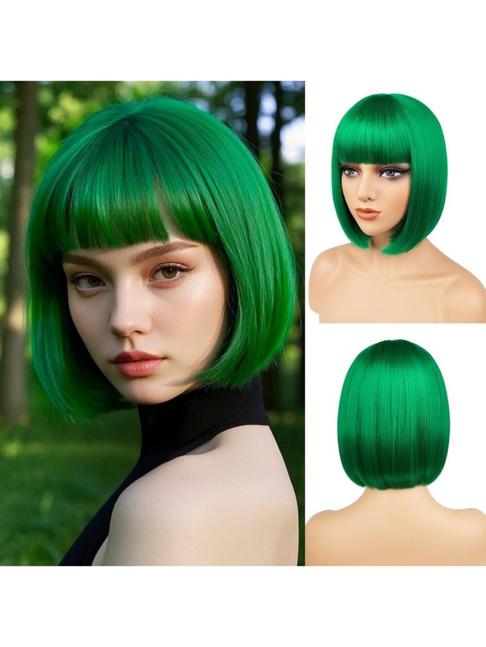 Women Green Heat Resistant Synthetic Bob Party Neon Wig Bangs 12 Inch